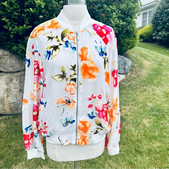 INC International Concepts White with Velvet Flowers Bomber Jacket - Picture 7 of 16